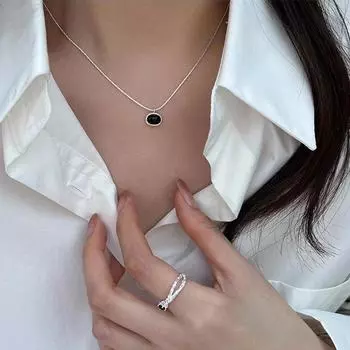 Ожерелье в форме эллипса из чистого серебра S925 с черным агатом для девочек