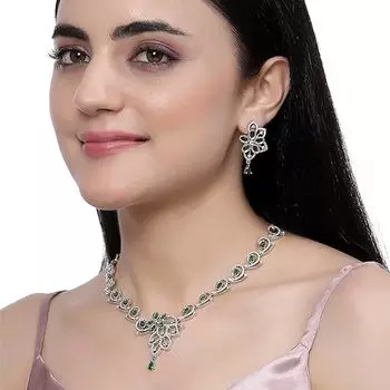 Ожерелье в форме узора пейсли с цветочным узором и серьгами из американского бриллианта с родиевым покрытием, комплект украшений для девочек и женщин 14 x 5.5 x 1 Centimeters