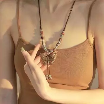 Ожерелье в китайском стиле в стиле ретро, этническая бабочка-колокольчик из бисера, женская старинная длинная цепочка на ключицу 1#