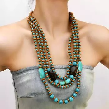 Ожерелье в стиле бохо, ретро, многослойное, имитация бирюзы, деревянные бусины ручной работы, длинное ожерелье-водопад для женщин небесно-голубой