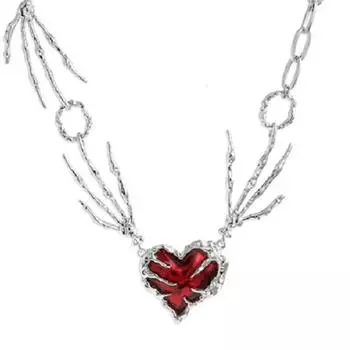 Ожерелье в стиле панк-призрачный коготь с красным сердцем серебряный