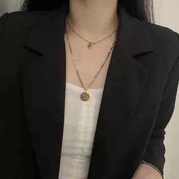 Ожерелье в стиле ретро с гексаграммой, круглое двухслойное ожерелье, легкое роскошное ожерелье из титановой стали на ключицу, удобные ювелирные изделия, модное универсальное ожерелье серебряный