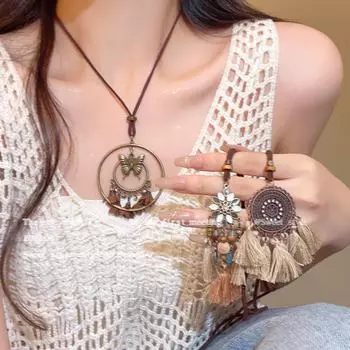 Ожерелье в стиле ретро с кисточками цвета кофе в богемном стиле с кулоном в виде бабочки Model A коричневый