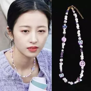 Ожерелье в виде бабочки из фиолетового кристалла и жемчуга в стиле Чжоу Юйтун crystal pearl necklace фиолетовый