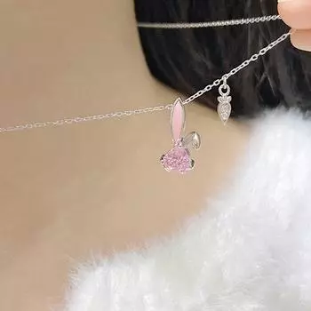 Ожерелье в виде кролика, Женский розовый циркон, кролик, морковка, ключичная цепочка из нержавеющей стали