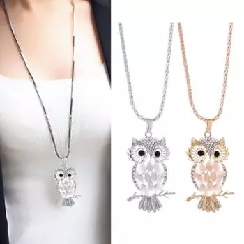 Ожерелье в виде совы, цепочка для свитера, искусственный опал, стразы, декор, сплав, одежда, ювелирные изделия, свидание, выпускной вечер серебряный