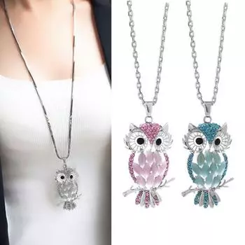 Ожерелье в виде совы, цепочка для свитера, искусственный опал, стразы, декор, выдолбленный сплав, одежда, ювелирные изделия, знакомства синий