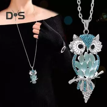 Ожерелье в виде совы, цепочка для свитера, искусственный опал, стразы, декор, ажурный сплав, украшения для одежды, выпускного вечера, вечеринки, украшения для одежды, ожерелье синий