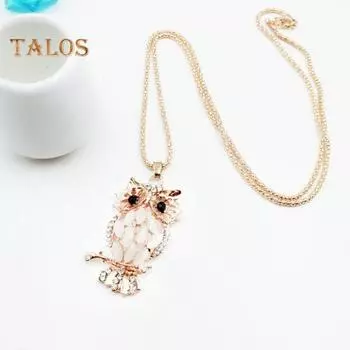 Ожерелье в виде совы, цепочка для свитера, искусственный опал, стразы, украшение, сплав, одежда, ювелирные изделия, выпускной вечер, украшение, ожерелье серебряный