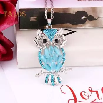 Ожерелье в виде совы, цепочка для свитера, искусственный опал, стразы, декор, ажурный сплав, украшения для одежды, выпускного вечера, вечеринки, украшения для одежды, ожерелье синий