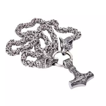 Ожерелье викингов из нержавеющей стали с головой волка, молоток Тора, кулон, ожерелье, мужские аксессуары 40CM