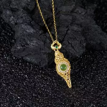 Ожерелье женское с подвеской из ракушки, инкрустированной нефритом