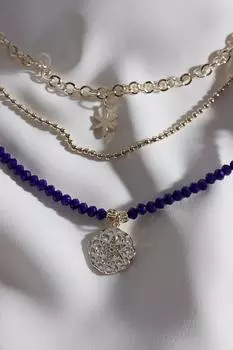 Ожерелье золотого цвета из трех частей с темно-синим кристаллом и камнем