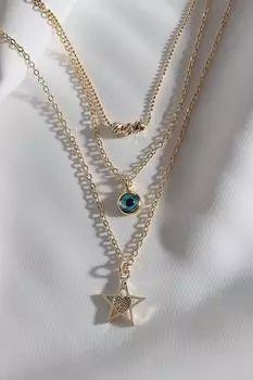 Ожерелье золотого цвета с 3 звездами и подвесками от сглаза