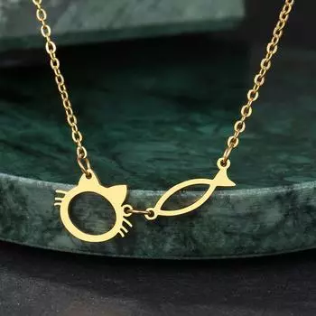 Ожерелья из нержавеющей стали, симпатичные подвески в виде кошек и рыб, цепочка-чокер, модное ожерелье для женщин, ювелирные изделия, подарки на день рождения 45cm