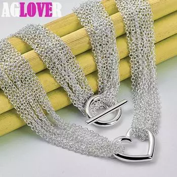 Ожерелья из стерлингового серебра 925 пробы для женщин, ювелирные изделия с подвеской в виде сердца с несколькими линиями 45cm