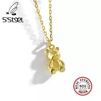 Ожерелья из стерлингового серебра 925 пробы для женщин, милые золотые цепочки с медведем, подвески, ожерелье Plata De Ley, ожерелья 925 пробы, Mujer, ювелирные изделия 43cm