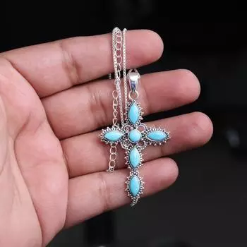 Ожерелья с бирюзой, кулон из стерлингового серебра, ожерелье с крестом, винтажный кулон, ожерелье с бирюзовым крестом из Аризоны, лучший рождественский подарок Free Size синий