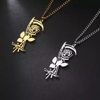 Ожерелья с подвесками в виде серпа и розы для женщин и мужчин, ожерелье из нержавеющей стали с черепом и косой, ювелирные изделия, колье Femme