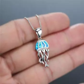 Ожерелья с подвеской в виде медузы из синего огненного опала для женщин, серебряные украшения 925 пробы с животными, женское ожерелье-цепочка, подарки на годовщину синий