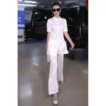 Ozhouzhan 23 Years Elegant Goddess National Fashion Style Improved Cheongsam Chinese Costume High-End Straight Pants Slimming Buckle Two-piece Set White [single pants]] 3XL 70.00 kg-79.00 kg