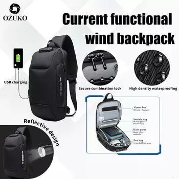 OZUKO Мужская брендовая сумка-мессенджер Tide, водонепроницаемая сумка на одно плечо, мужская спортивная сумка для отдыха, нагрудная сумка 35x10x18cm чёрный