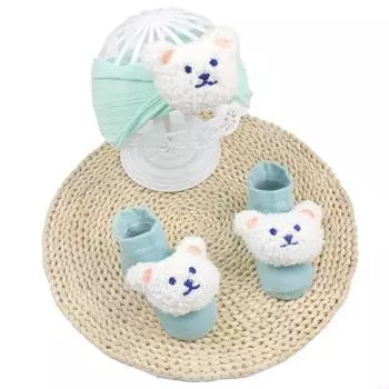 P15E 2Pcs Baby Girls Headband & Socks Set Newborns Cartoon Floor Socks Toddlers Infant Hair Adorments with Walking Socks