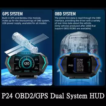 P24 OBD + GPS Двойная система Автомобильный HUD Проекционный дисплей Спидометр Температура воды Расход топлива Уклономер Бортовой компьютер автомобиля