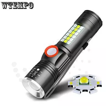 P60 Алюминиевый сплав Телескопический фонарик LED с боковым светом USB зарядка P60 Сильный свет Фонарик RB-041 чёрный