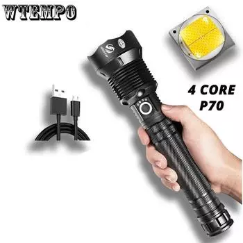 P90 Четырехъядерный супер яркий фонарик Сильный свет Перезаряжаемый уличный бытовой светодиодный прожектор с дистанционным освещением чёрный