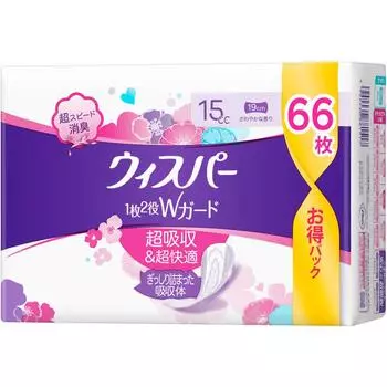 P&G Japan Whisper Panty Liner 15cc for discharge and moisture care 66sheets Light incontinence Surface material: Polyolefin nonwoven fabric / Water ab