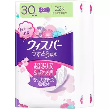 P&G Japan Whisper - Ususara Абсорбент Малый объем 30 куб. см 22 шт. 22 шт. Легкое недержание Материал поверхности: Полиолефиновый нетканый материал / Водопоглощающий: