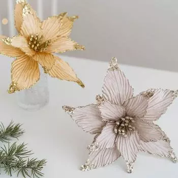 p High-grade Glitter Christmas Flowers Handmade Easy to Use Artificial Flower Oranment DIY Xmas Decorative Flowers золотой
