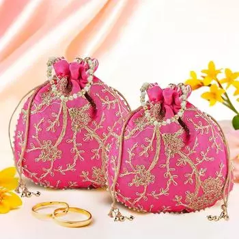 Pack of 2 Potli Bags for Ladies & Girls | Women Shagun Pouches for Festive Seasons | Embroidery Batwa Bag Bridal Purse -Pink