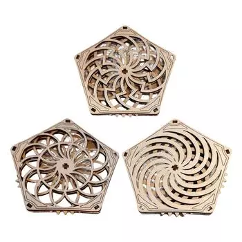 Pack of 3 Rotating Coaster Wood Placemat Hollow Wooden Dining Table Insulation Pad for Home Office Decoration