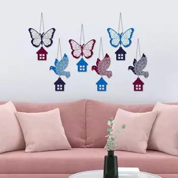 (Pack of 6) Multicolored Birds & Butterfly Wooden Wall Hanging for Home Decoration | Garden Balcony | Office | Cafe | Decorative Door Hanging