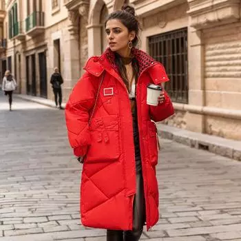 -padded clothes for women s medium and long students, loose and thickened cotton-padded jackets in winter, new contrasting color cotton-padded jackets M красный