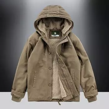 Padded Clothes Men s Fleece Thickened Cotton-padded Clothes Hooded Lamb Fleece Jacket Men s Fattened Plus Size Tooling Cotton-padded Jacket M хаки