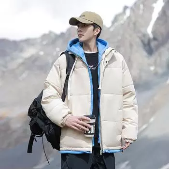 Padded Clothes Men s Winter Thick Contrasting Color Bread Clothes Jacket Student Tide Loose Couple Hooded Cotton Clothes M чёрный