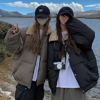 Стеганая одежда женская 2024 зима новая одежда из хлопка с коротким воротником-стойкой утолщенная студенческая одежда для хлеба куртка прилив M чёрный