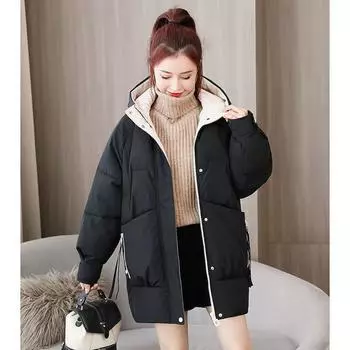 Padded clothes women s medium and long styles, loose and large pockets, loose and thickened small padded jacket. M чёрный