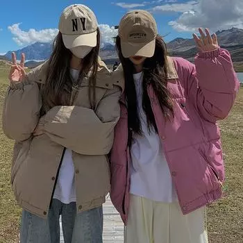 Padded clothes women s winter new down cotton clothes short stand-up collar thickened student bread clothes jacket tide M чёрный