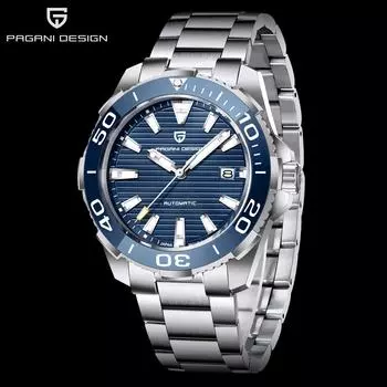 Pagani Design Новые роскошные мужские часы с коробкой 100 м, водонепроницаемые автоматические мужские механические часы с календарем steel belt чёрный