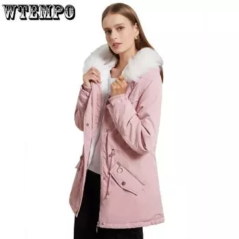 Pai Overcomes Женская куртка Plus Plus размера средней длины из бархата и хлопка Женская теплая куртка с меховым воротником Свободная зимняя куртка из хлопка S розовый