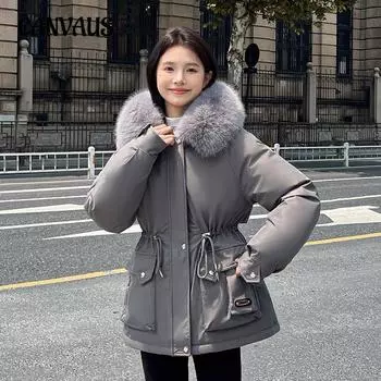 Paikai Женская куртка больших размеров средней длины с теплой подкладкой и меховым воротником M чёрный