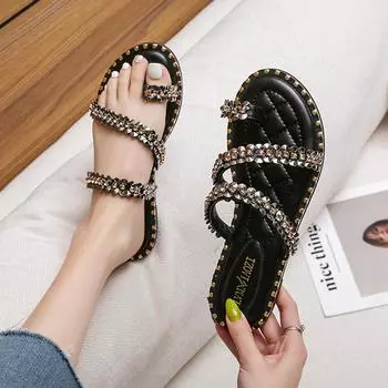 Paillette Stone Clip Toe Flipflops Ladies Rivet Flats Sandals Women Big Size 34-43 Slippers Shoes Crystal Slides Sandalias Mujer 4.5 чёрный
