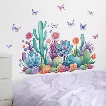 Painted Green Plant Cactus Butterfly Bedroom Home Back Wall Decoration Wall Stickers 30*90CM*2PCS/fun-c10