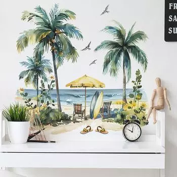 Наклейка на стену с изображением кокосовой пальмы на летнем пляже для кабинета, гостиной, крыльца, дома 30*60CM*2PCS/fun-b42