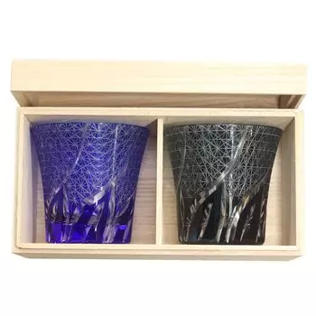 Pair of Kiriko Glasses, Dishwasher Safe, Tumbler, Pair of Glasses, Kiriko Gift, Chrysanthemum Tsunagi, Paulownia Box Included, Boxed, Blue x Ink Blue