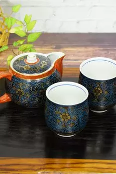 Пара чайных чашек и чайников, набор из железа, керамики, японской посуды, изготовленной в Японии, с сине-зернистой текстурой